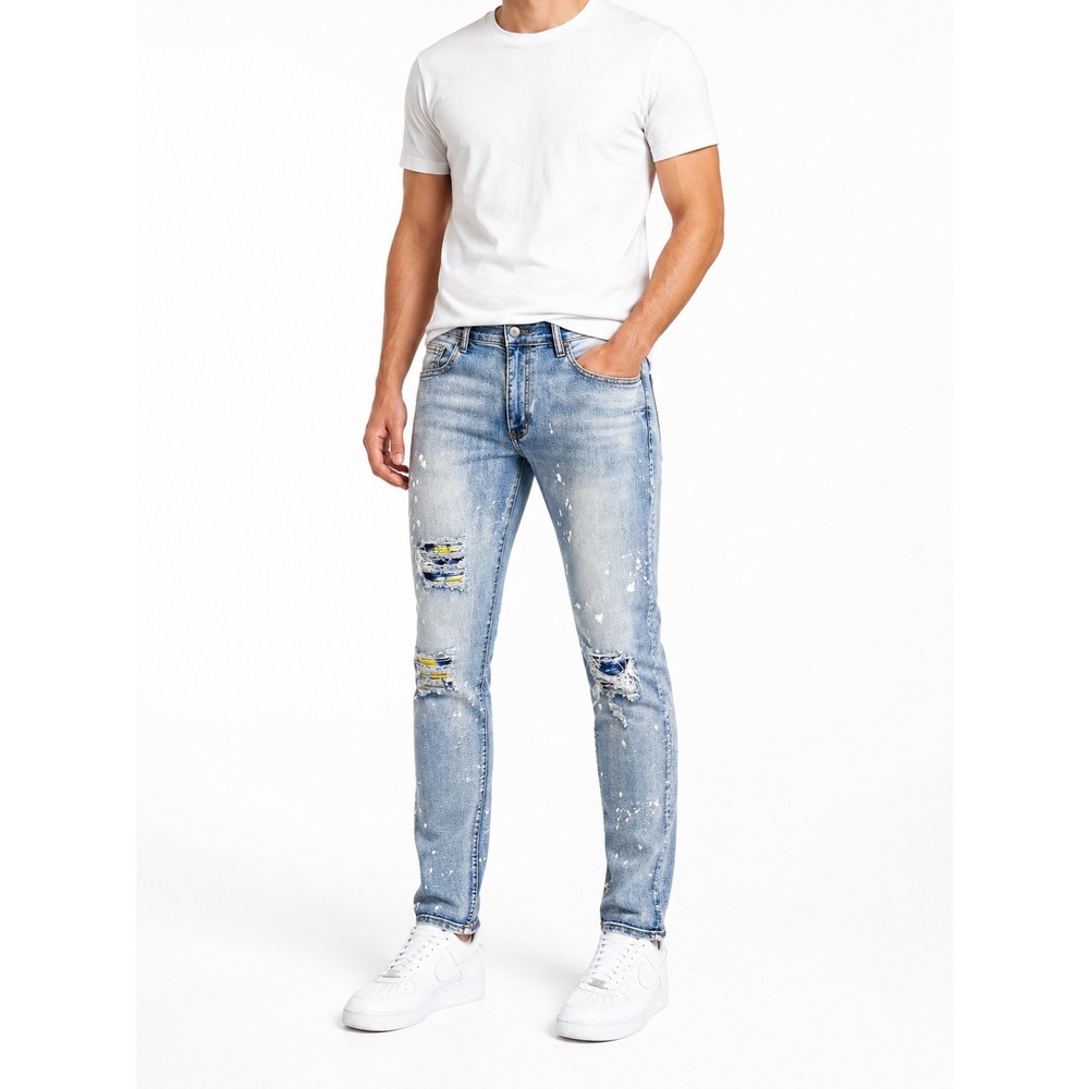 Waimea Men's Slim Fit Distressed Paint Splatter Jeans Light Wash 36x32